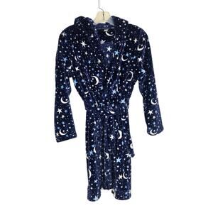 Lands End Celestial Fleece Robe Blue Moon Stars Pockets Hooded Kids Unisex 12